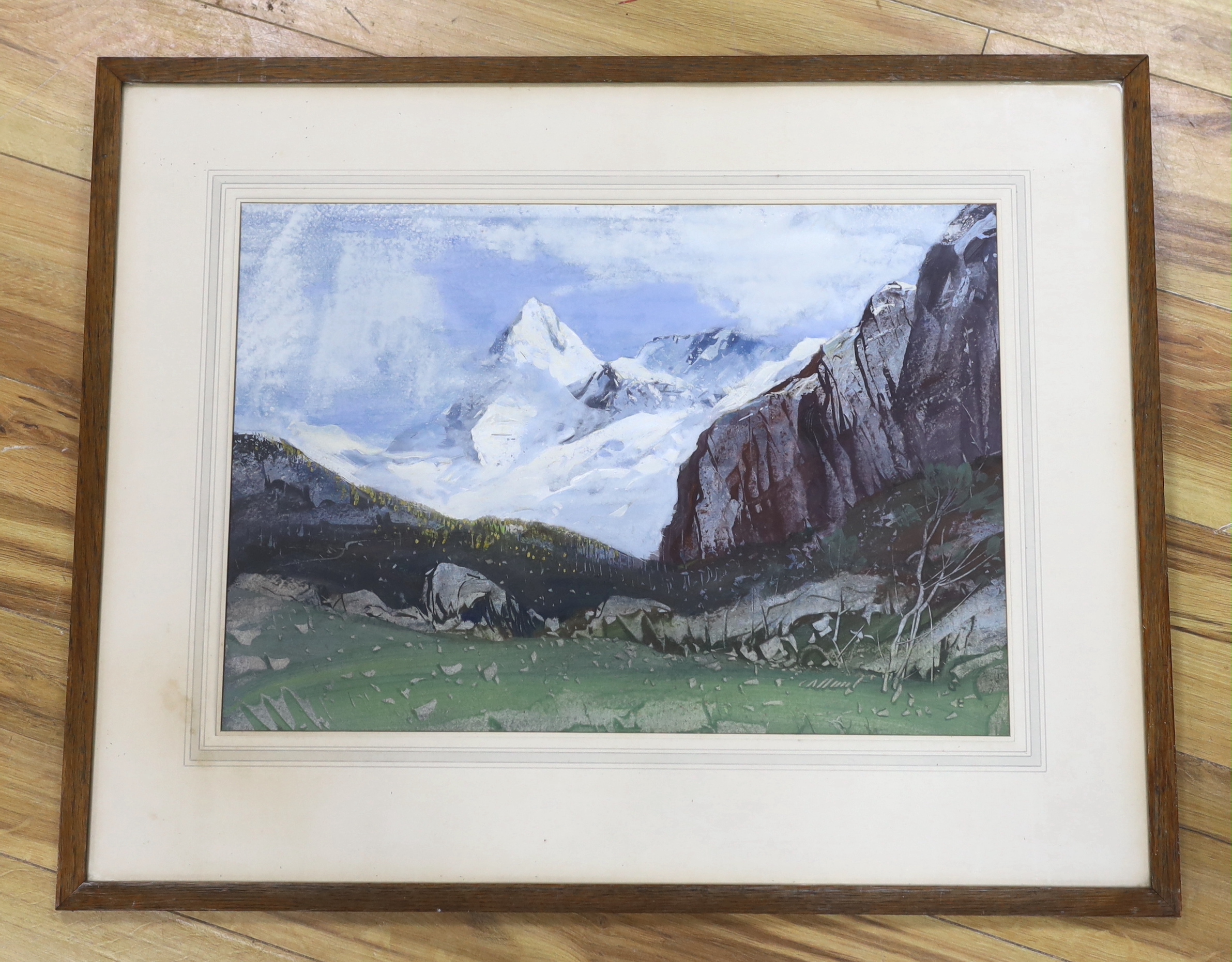 Attributed to Cecil Arthur Hunt (1873-1965), watercolour and gouache, 'The Eiger', unsigned, inscribed verso, 37 x 54cm